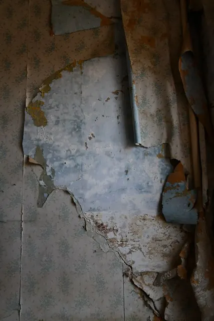 Layers of old patterned wallpaper torn back on a wall, exposing older paper and bare plaster beneath