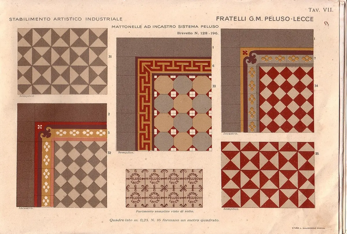 Page from an early 1900s catalog showing geometric cement floor tile patterns with borders