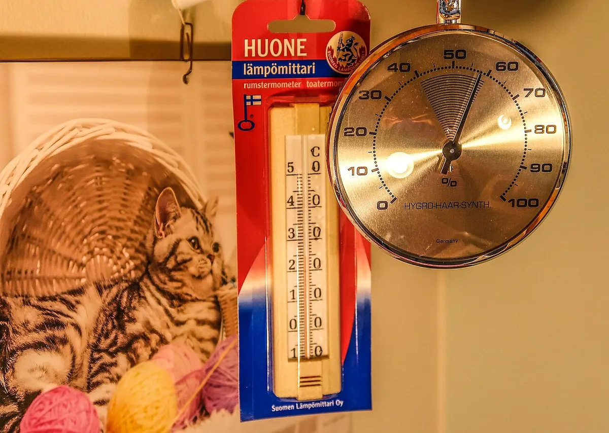 Room thermometer and round dial hygrometer hanging on a wall