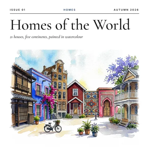 Cover of Homes of the World, Issue 01, with a watercolour house