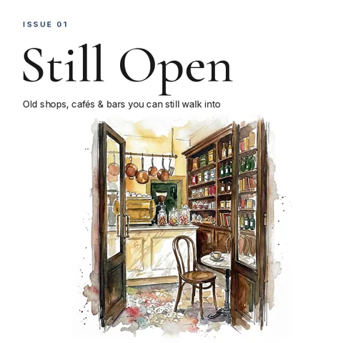 Cover of Still Open, Issue 01, with a watercolour of an old shop interior
