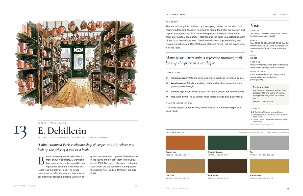 Two-page spread on E. Dehillerin in Paris: watercolour of copper pans hanging over narrow wooden aisles, the story, visit details and a six-colour palette