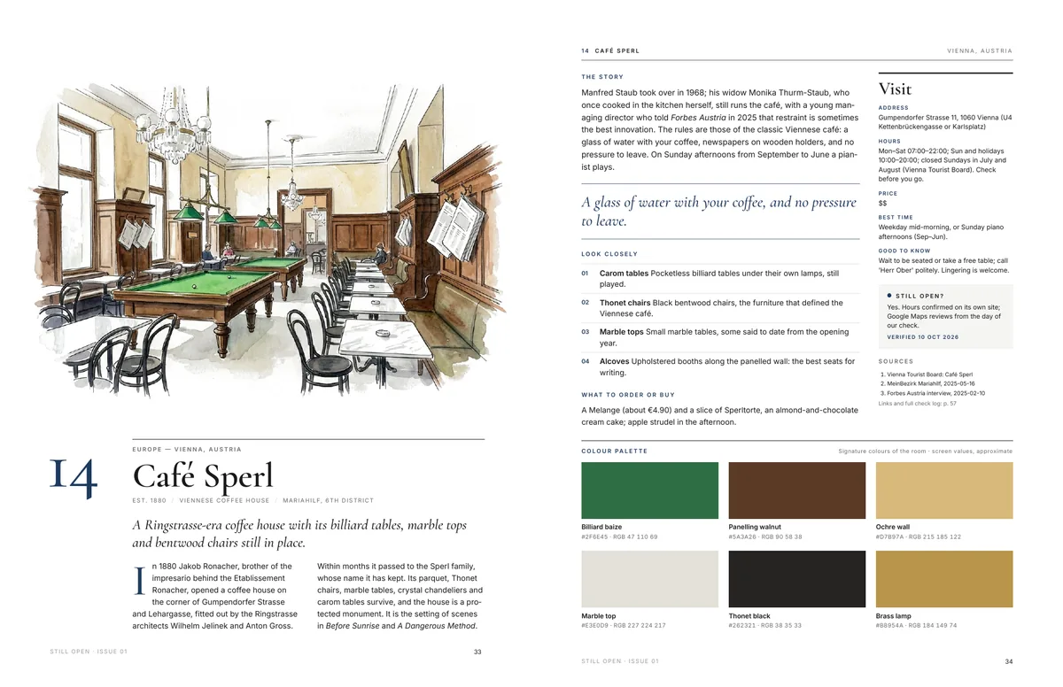 Two-page spread on Café Sperl in Vienna with a watercolour of the coffee house interior, text columns and colour swatches