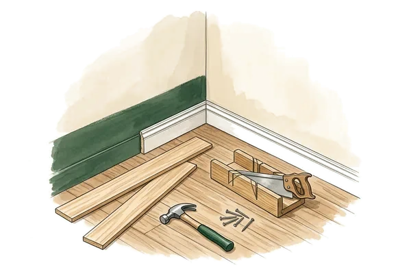 Baseboard trim being fitted along the bottom of a wall