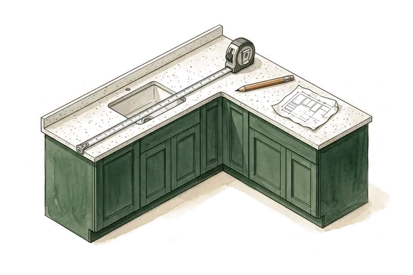 A kitchen countertop being measured with a tape measure