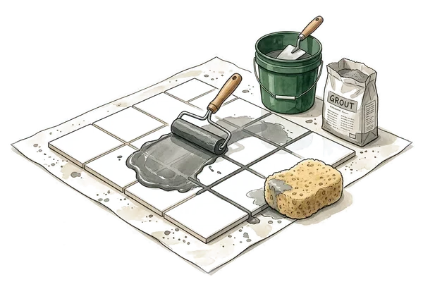 Grout being spread into the joints between floor tiles